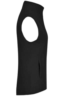 A black microfleece vest with sleeveless design and a side pocket, featuring a logo.