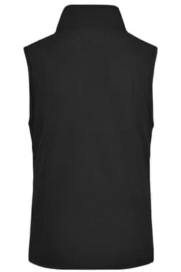 A black microfleece vest featuring a high collar and no sleeves, with a branding logo on the back.