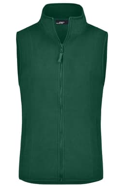 A green microfleece vest with a zip closure, featuring a high collar and no sleeves. It has a logo on the front.