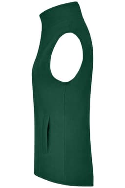 A green microfleece vest with a high collar and sleeveless design, featuring a side pocket and a logo.