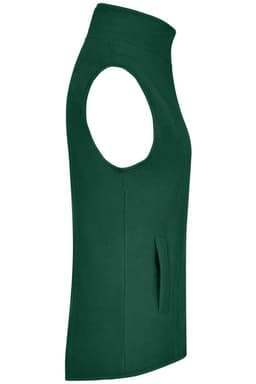 A green microfleece vest featuring a high collar and no sleeves, with a side pocket and a branding logo.
