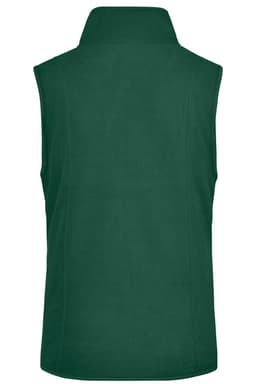A green microfleece vest with a high collar and no sleeves, featuring a logo on the back.