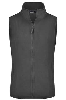 A dark grey microfleece vest featuring a zip closure and a collar. It has a branding logo.