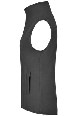 A grey microfleece vest with a high neckline and sleeveless design, featuring side pockets and a logo.