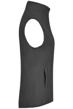 A grey microfleece vest with a high collar and side pockets, featuring a logo.