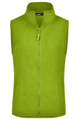 A bright green microfleece vest with a high collar and zip front, featuring a logo on the chest.