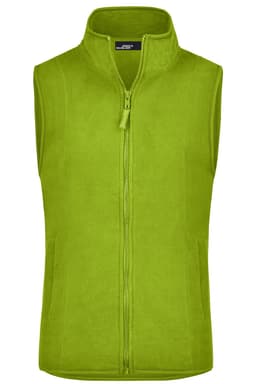 A green microfleece vest with a zip closure and no sleeves. It features side pockets and a logo on the chest.