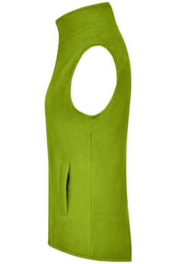 A green microfleece vest with a high collar and side pocket, featuring no sleeves and a fitted design.
