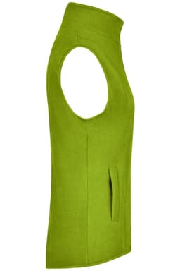 A green microfleece vest with a high collar and no sleeves, featuring a side pocket.