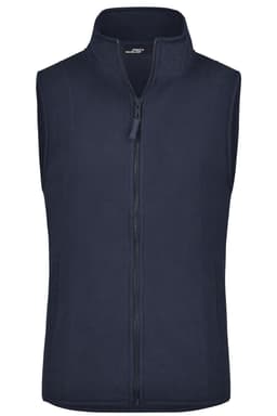 A navy microfleece vest featuring a full zip and a high collar, with a logo on the front.