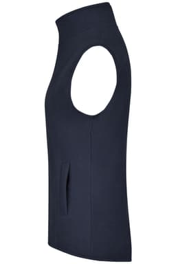 A navy microfleece vest with a high collar and armholes, featuring a side pocket. Includes branding on the label.