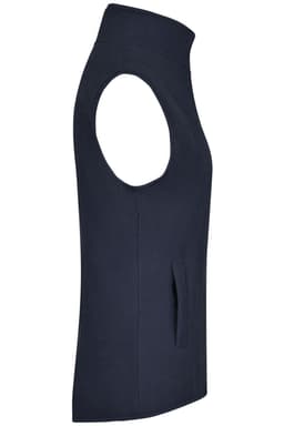 A navy blue microfleece vest with a high collar and pockets, featuring a brand logo.