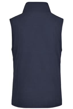 A navy microfleece vest with a high collar and no sleeves, featuring subtle seams and a branding logo.