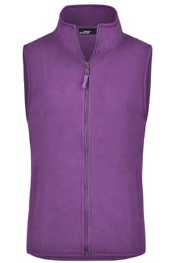 A purple microfleece vest with a zip front and a high collar, featuring a logo. Suitable for layering.