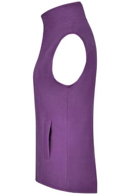 A purple microfleece vest with a high collar and side pockets, featuring a branding logo.