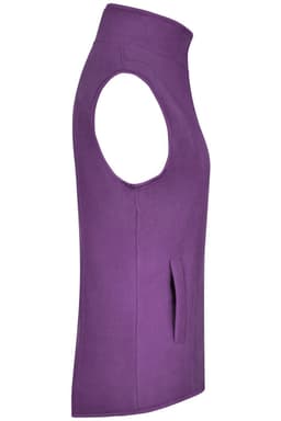 A purple microfleece vest with a high collar and a side pocket, featuring a logo.