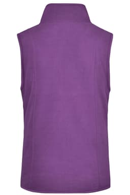 A purple microfleece vest with a high collar, featuring a logo on the back.