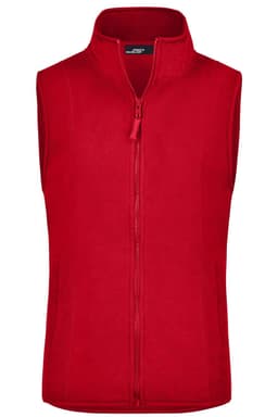 A red microfleece vest with a zip front and a high collar, featuring a logo.