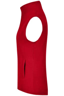 A red microfleece vest with a high neck and side pockets, featuring a logo.