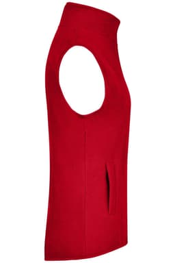 A red microfleece vest with no sleeves and side pockets, featuring a high collar and a simple design.