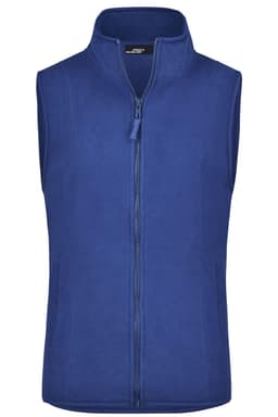 A blue microfleece vest with a zip front and no sleeves, featuring a logo on the upper area.