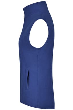 A blue microfleece vest with a high collar and side pockets, featuring a logo. Suitable for layering.