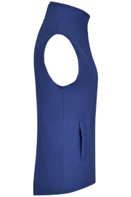 A blue microfleece vest with a high collar and side pockets, featuring a logo.