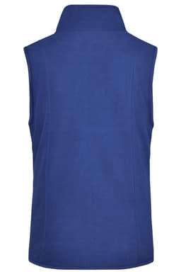A blue microfleece vest with a high collar and no sleeves, featuring a logo on the back.
