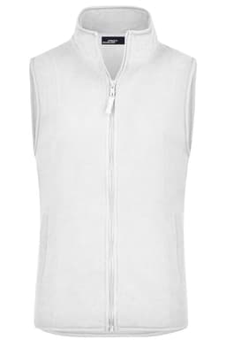 A white microfleece vest with a zip front and no sleeves, featuring side pockets and a logo.