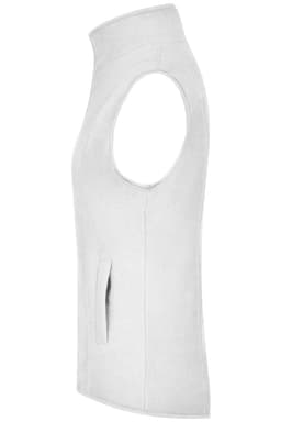 A white microfleece vest with no sleeves and a side pocket, featuring a logo.