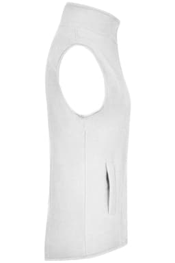 A white microfleece vest with no sleeves, featuring a high collar and a side zip pocket.
