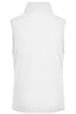 A white microfleece vest with a high collar, featuring a logo on the back. No sleeves are visible.