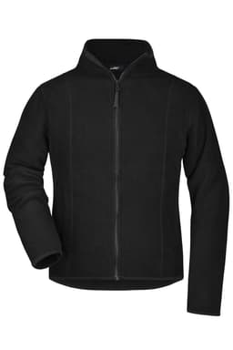 A black microfleece jacket featuring a zip front and a stand-up collar, with a logo on the chest.