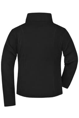 A black microfleece jacket with a high collar and long sleeves, featuring a logo on the back.