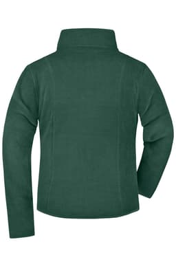 A green microfleece jacket with a high collar and long sleeves, featuring a logo on the back.