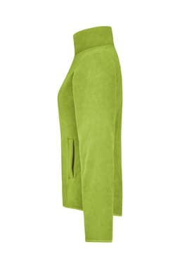 A side view of a bright green microfleece jacket with a high collar and pocket. The jacket features a logo.