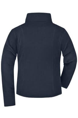 A navy microfleece jacket with a high collar and long sleeves, featuring a logo on the back.