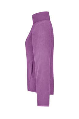 A purple microfleece jacket with a high collar and side pockets, featuring a logo.