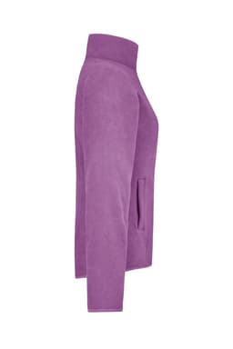 A purple microfleece jacket with a high collar and side pockets, featuring a logo.