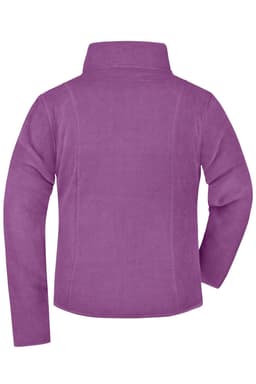 A purple microfleece jacket with a high collar and long sleeves, featuring a branding logo on the back.