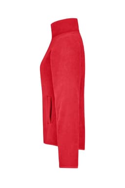 A red microfleece jacket featuring a high collar and side pockets, displayed from a side view.