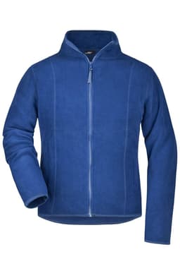 A blue microfleece jacket with a zip front and a collar, featuring a logo. Suitable for various outdoor activities.