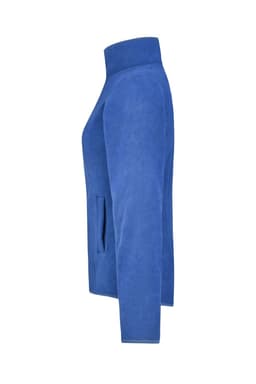 A blue microfleece jacket featuring a high collar and side pockets, with a logo on the sleeve.
