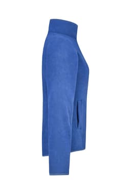 A side view of a blue microfleece jacket with a high collar and pockets. It features a logo on the design.