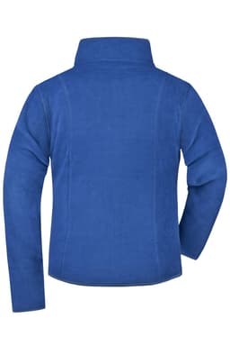 A blue microfleece jacket with a high collar and long sleeves, featuring a logo on the back.
