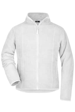 A white microfleece jacket with a zip front and a stand-up collar. It features a logo on the chest.
