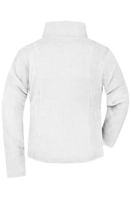 A white microfleece jacket featuring a collar and long sleeves, with a logo on the back.
