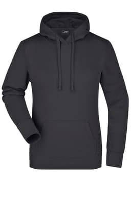 A black ladies hooded sweatshirt featuring a front pocket and drawstring. The garment has a logo.