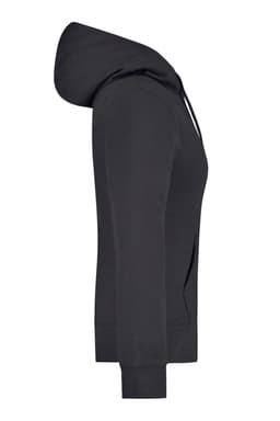 A black ladies hooded sweatshirt with a front pocket and ribbed cuffs, featuring a hidden branding logo.