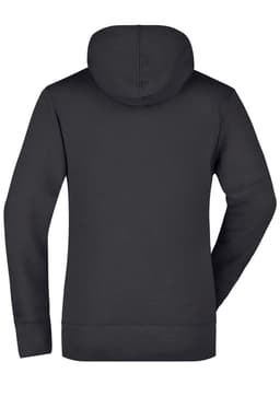 A black ladies hooded sweatshirt featuring a plain back and a hood. It has a simple, stylish design.